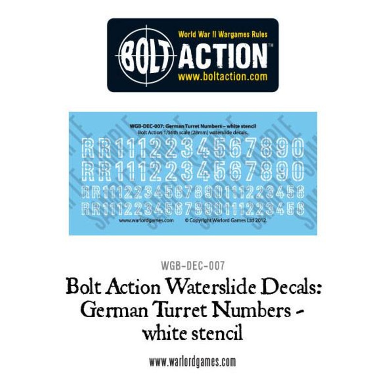 Bolt Action German Turret Numbers - white stencil decal sheet