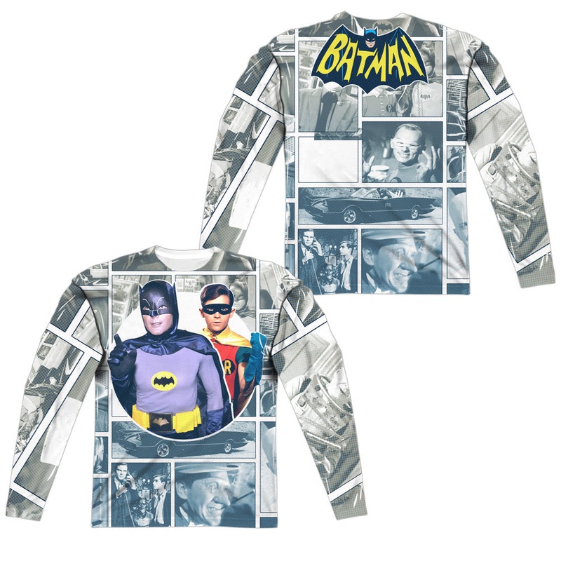 Batman Classic Tv - 60s Panels (Front/back Print) - Long Sleeve Adult Poly Crew  - White T-shirt