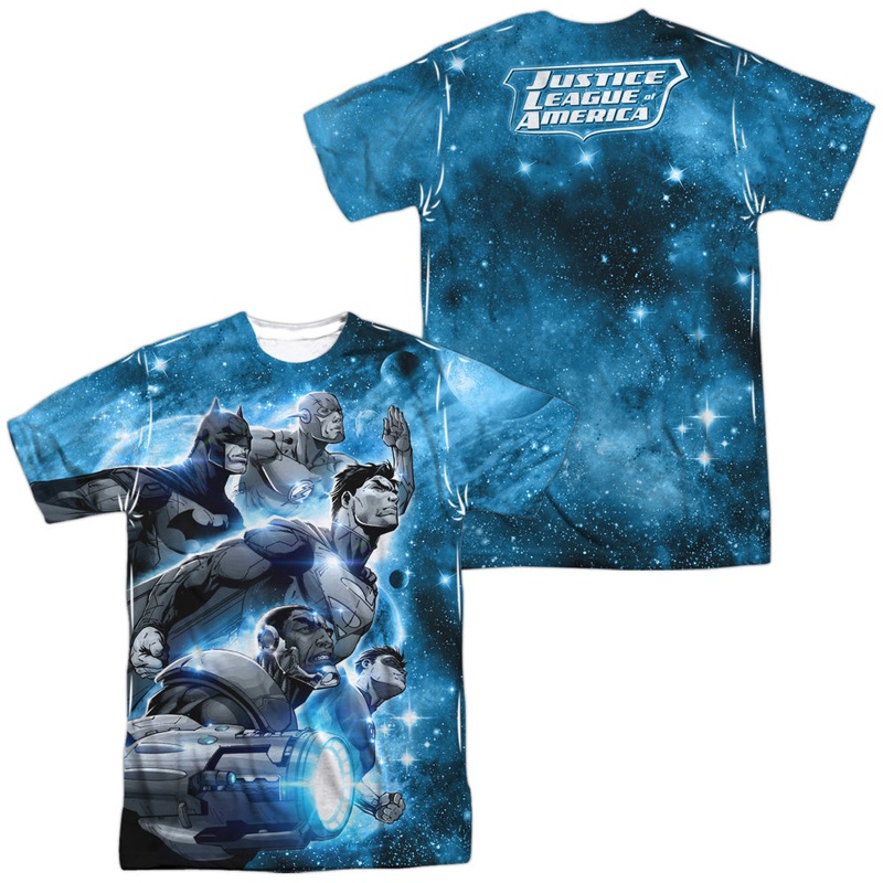 Jla - Atmospheric (Front/back Print) -  Short Sleeve Adult 100% Poly Crew - White T-shirt