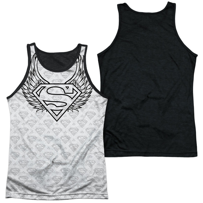 Superman - Winged Shield Repeat - Adult Poly Tank Top Black Back - White