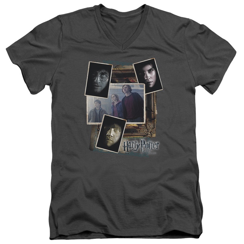 Harry Potter - Trio Collage - Short Sleeve Adult V-neck 30/1 - Charcoal T-shirt