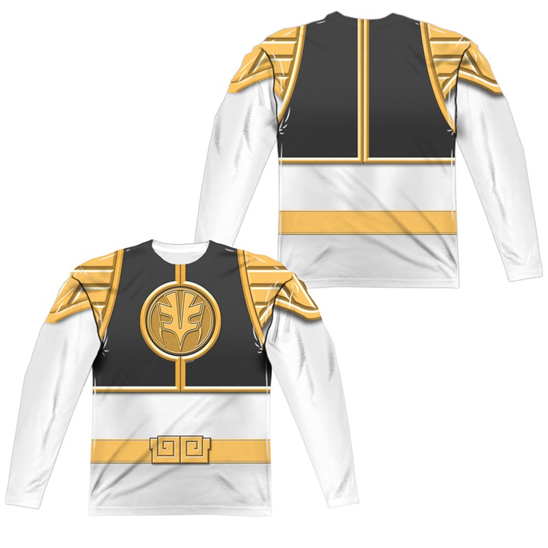 Power Rangers - White Ranger(Front/back Print) - Long Sleeve Adult Poly Crew  - White T-shirt