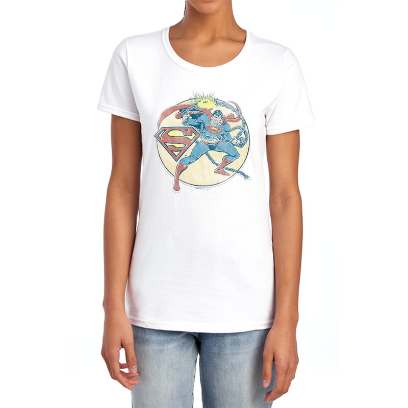 Dco - Retro Superman Iron On - Short Sleeve Womens Tee - White T-shirt