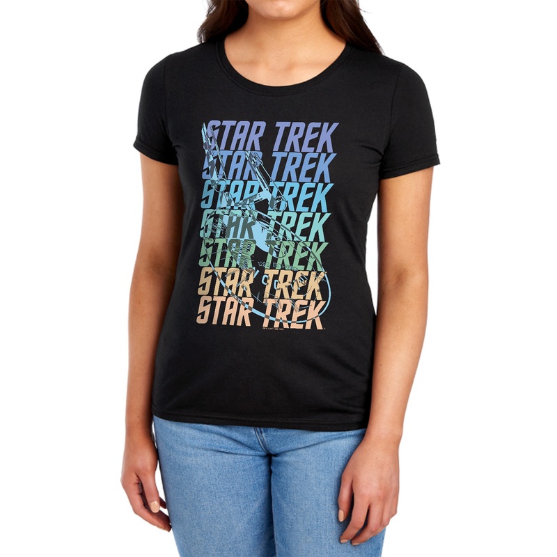 Star Trek - Multi Logo Enterprise - Short Sleeve Womens Tee - Black T-shirt