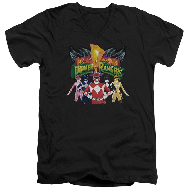 Power Rangers - Rangers Unite - Short Sleeve Adult V-neck 30/1 - Black T-shirt